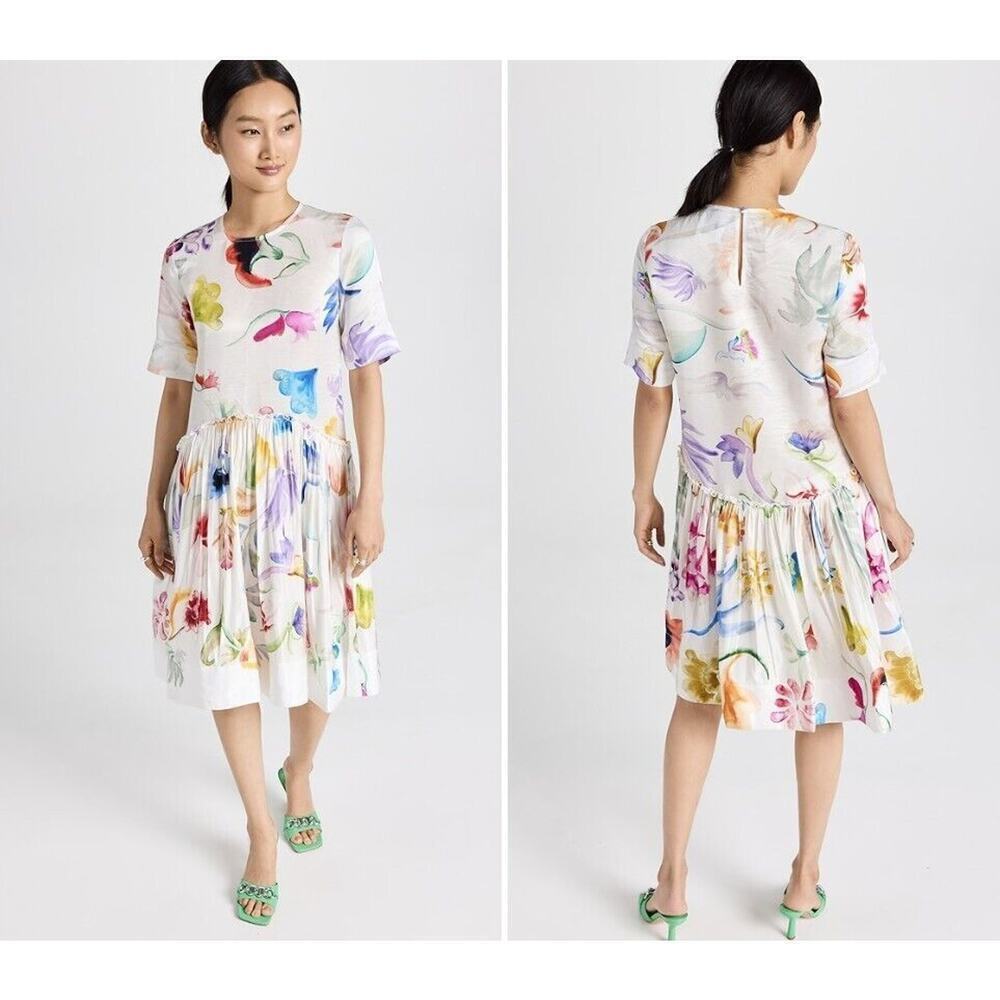NWD ROSIE ASSOULIN Ebbs and Flows gathered floral linen mini dress Size 2 #2A501